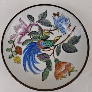 Vintage Porcelain & Brass Cased Bowl Hand Painted Pheasant Flowers Wall Hanging